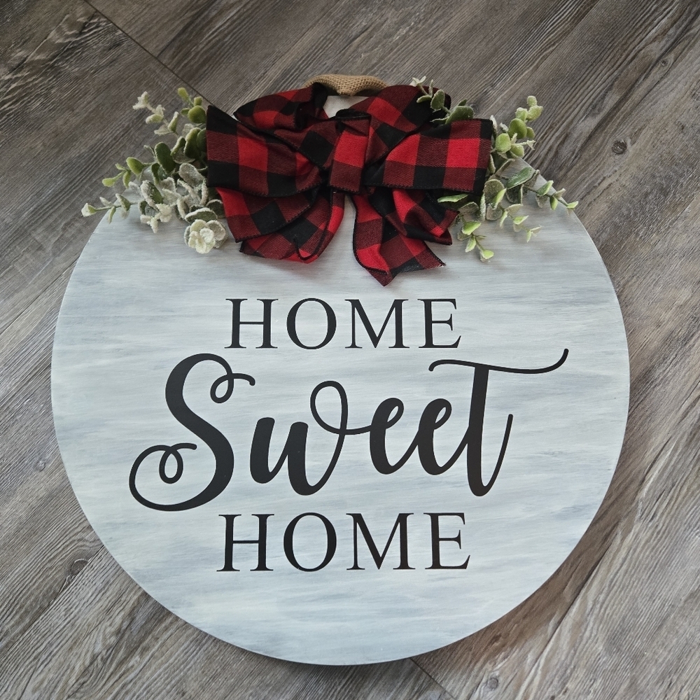 Home Sweet Home Round Sign with Red Plaid Bow